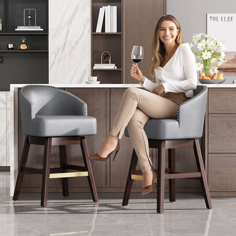 Bar Stools / Counter Stools PU Leather Upholstered Solid Wood Swivel Barstool Set of 2/4 - Set of 2 - Navy Blue-26.4 inches seat height - Counter Height