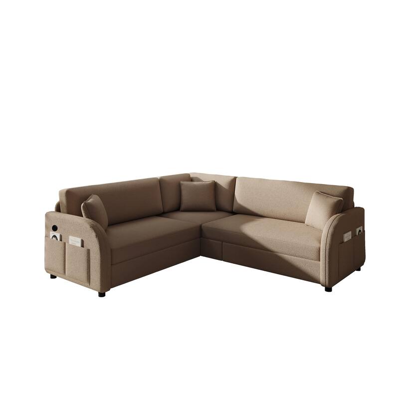 85" L-Shaped Convertible Sleeper Sofa with Pull-Out Bed, Teddy Upholstery & USB Ports