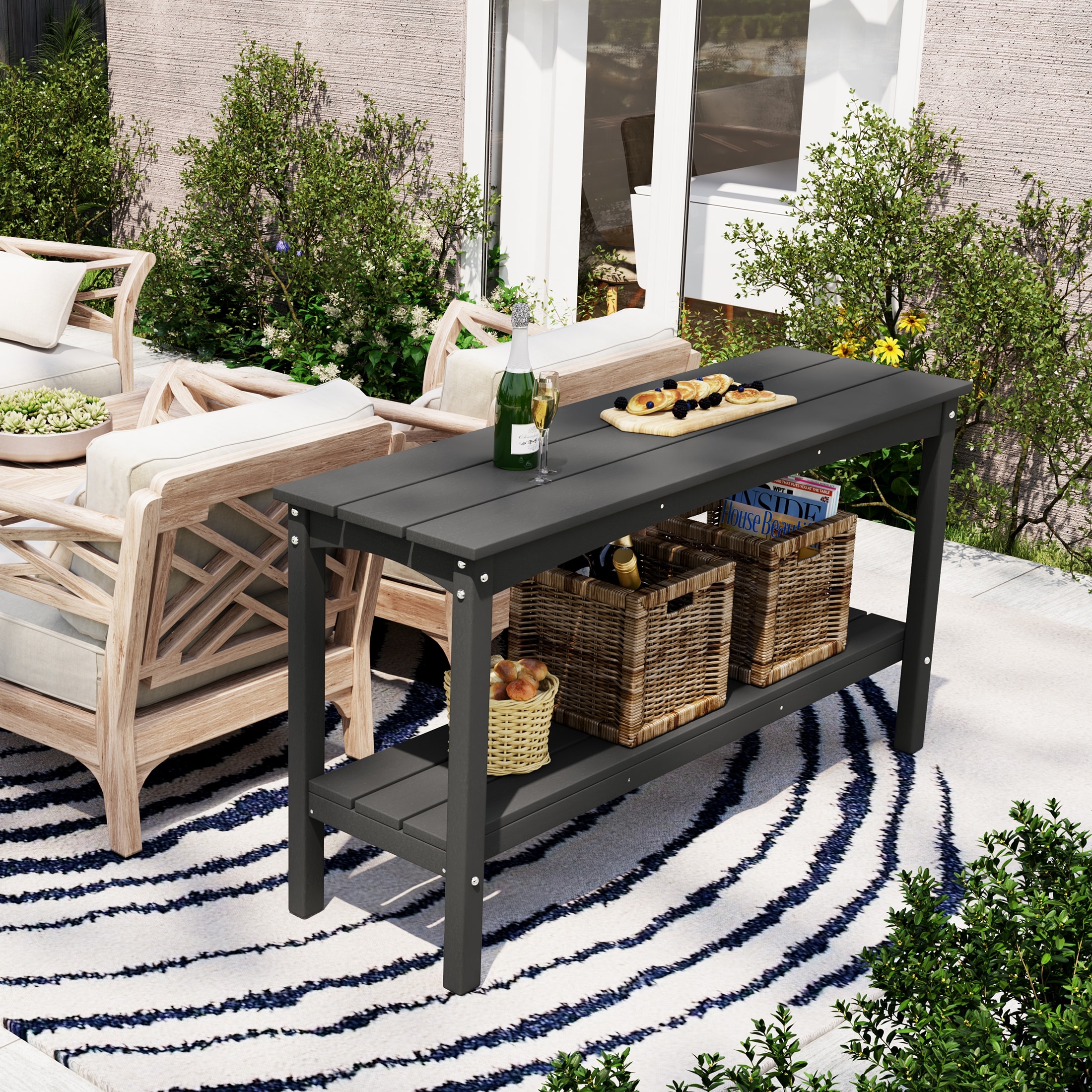 Outdoor side outlet table with shelf