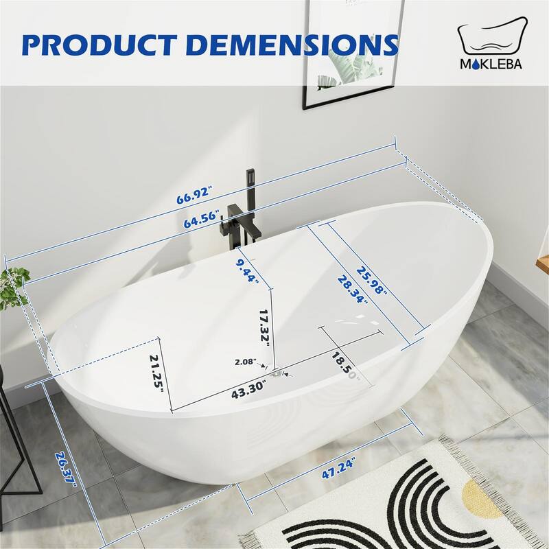 Mokleba 67" Freestanding Acrylic Bathtub Modern Stand Soaking Tub with Overflow & Polished Chrome Pop-up Drain