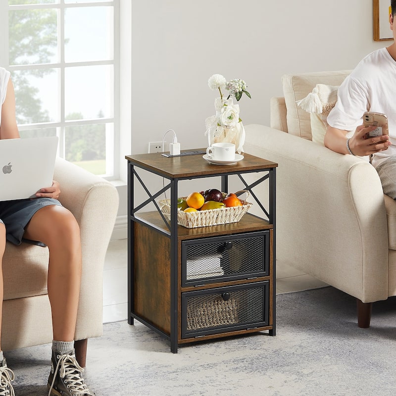 VECELO, Mid-century Modern Nightstand with Charging Station and USB Port