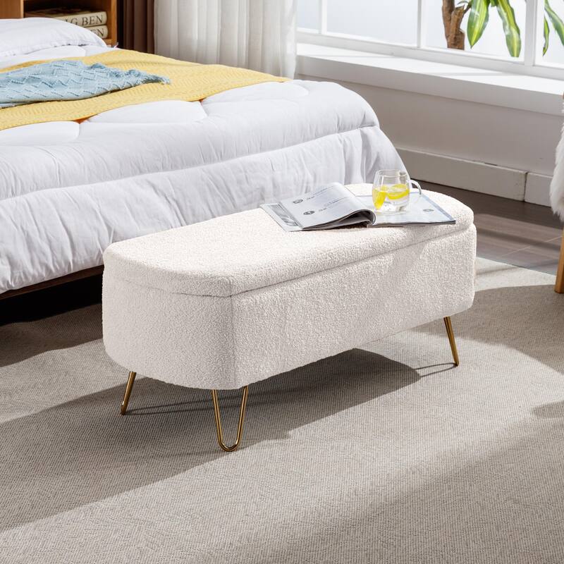 Oval Storage Ottoman Bench with Gold Legs by GDFStudio - 39.37"L x15.75"W x 15.50"H