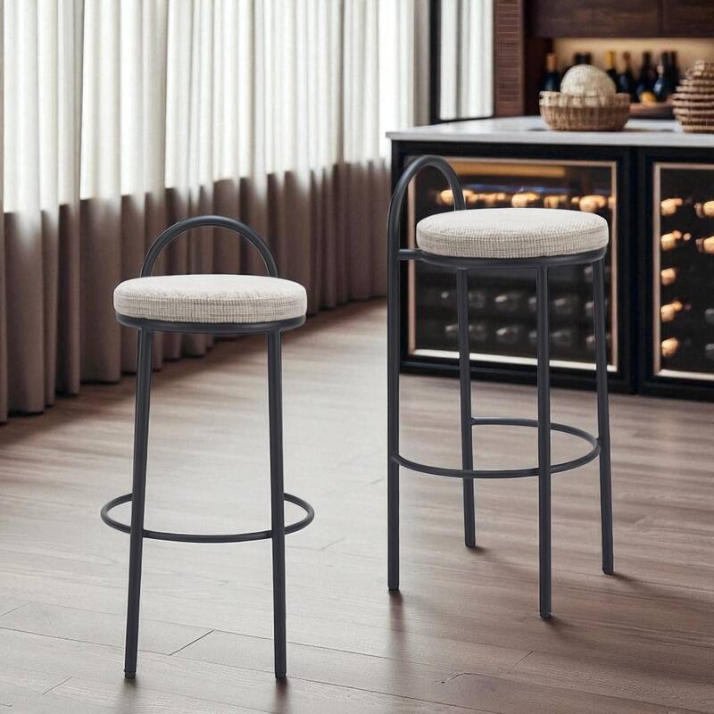 HomeRoots Set of Two 30" Beige and Black Chenille and Steel Low Back Bar Height Bar Chairs - Bar Height - Beige - Set of 2