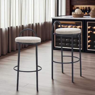 HomeRoots Set of Two 30" Beige and Black Chenille and Steel Low Back Bar Height Bar Chairs