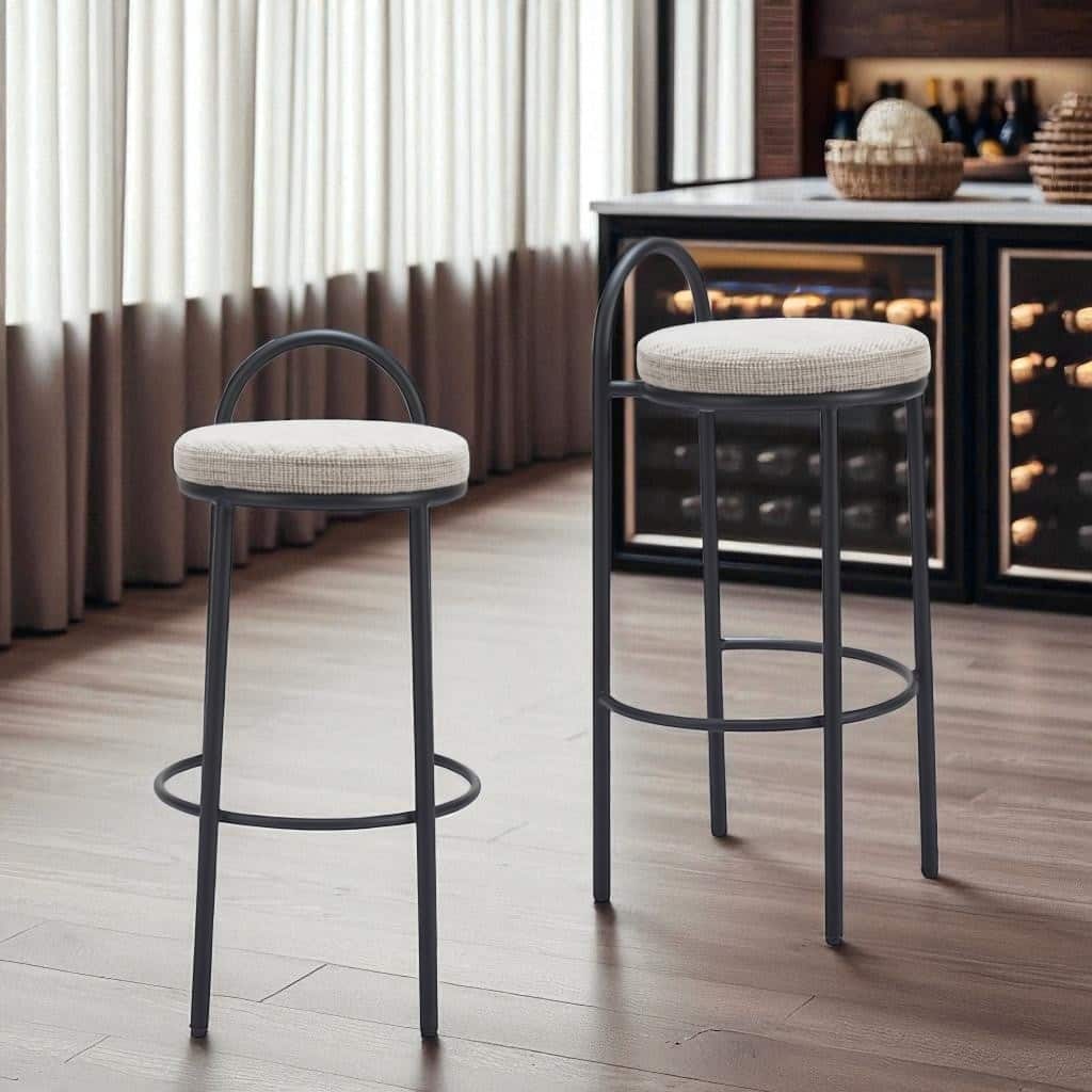 HomeRoots Set of Two 30" Beige and Black Chenille and Steel Low Back Bar Height Bar Chairs