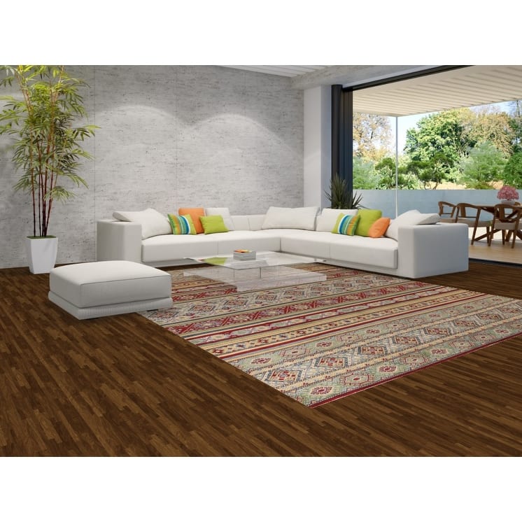 Striped Kazak Geometric Area Rug Wool Carpet - 9'10" x 12'9"