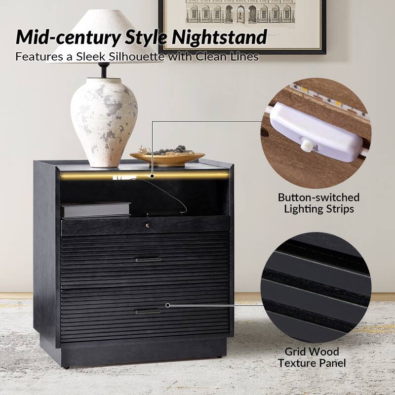 Lorenz Mid-century Nightstand with USB and LED Light Set of 2 by HULALA HOME