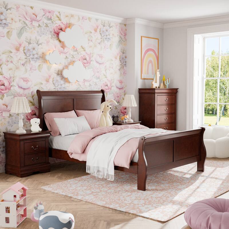 Furniture of America Mayday Modern Solid Wood 3-Piece Sleigh Bedroom Set - Cherry - Twin