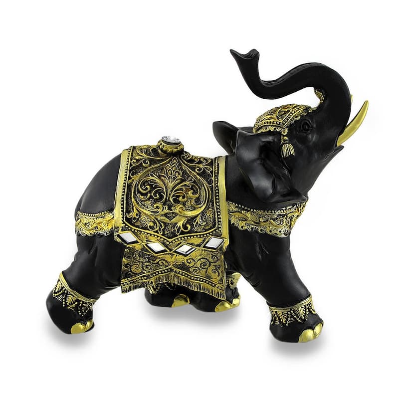 Exotic Black And Gold Finish Trunk Up Thai Elephant Statue - 6 X 6.5 X 3 inches