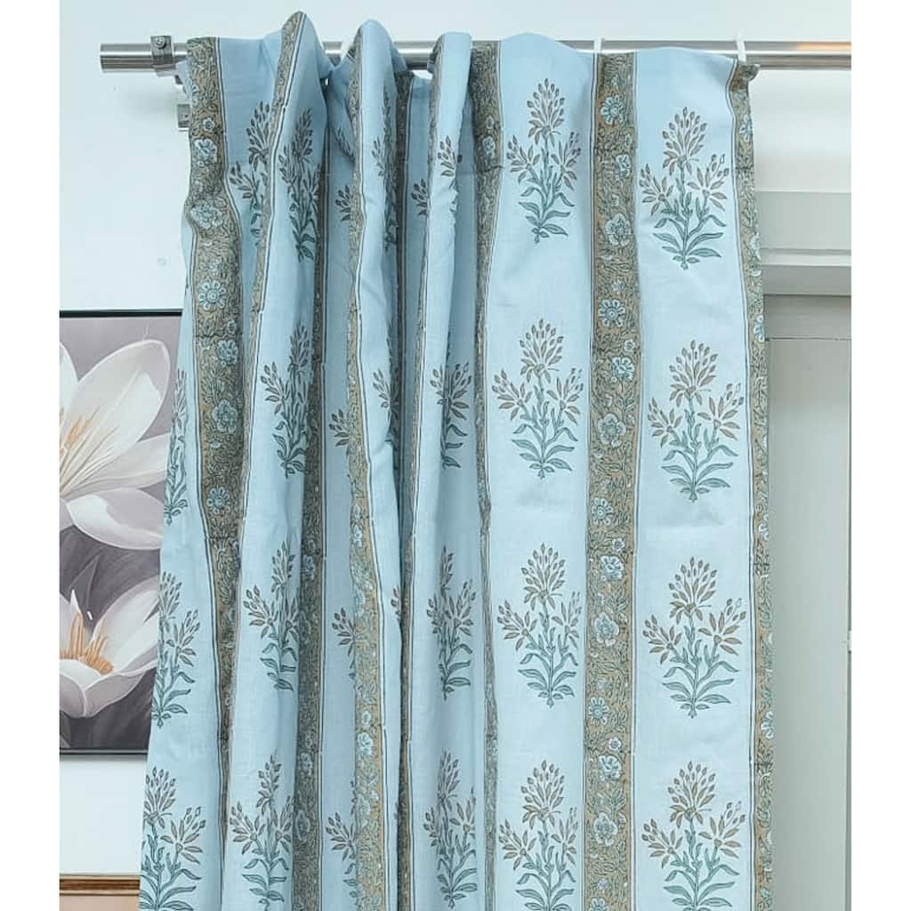 Fabdivine Blue Linen Block Print Hook Curtain Panel, Semi Sheer Drapes for Living Room & Bedroom, Window Treatment Curtain, Noor