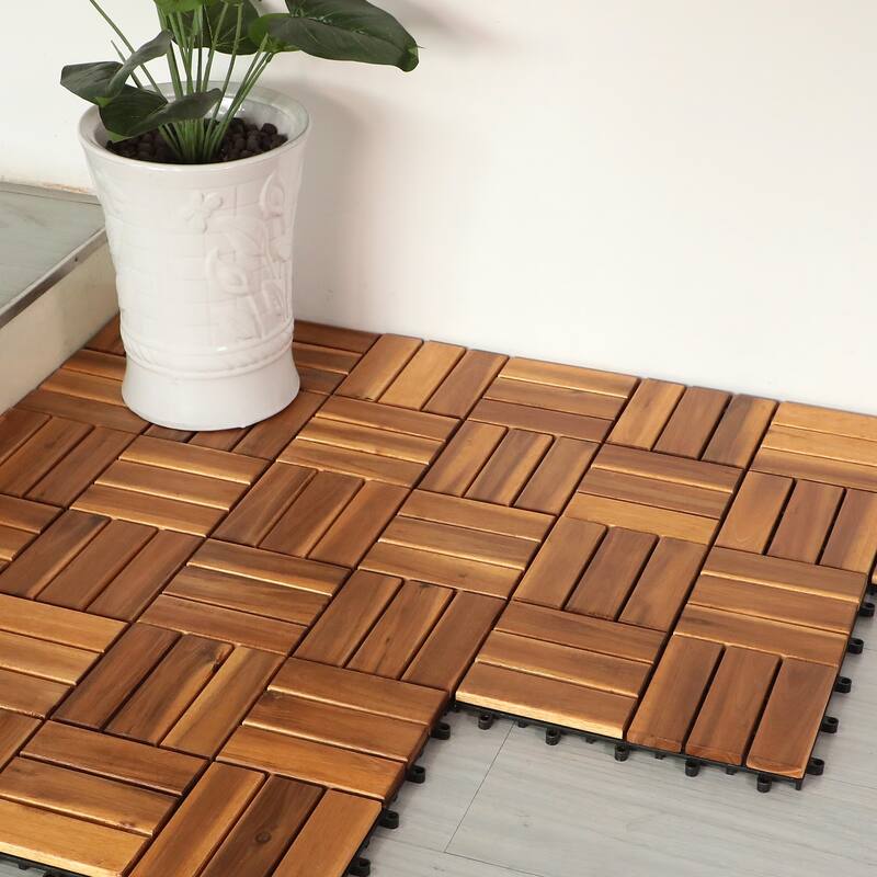 10 Pcs Acacia 12"x 12" Waterproof Flooring Tiles 12 Slat for Indoor & Outdoor - Brown