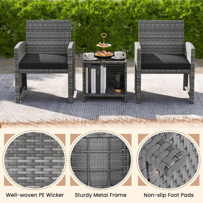 Outdoor Wicker Furniture Set 3 Piece with Cushions and Table - 18" × 18" × 17"
