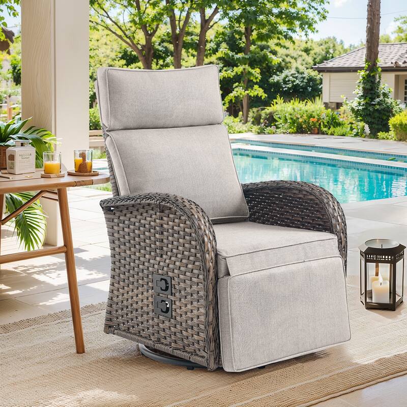 Pocassy Lounge Chair Swivel Reclining Chair with Adjustable Backrest - Beige Cushion - Browm Wicker - 1-Piece Recliner Swivel Chair