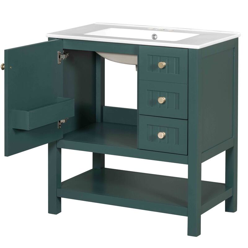30" Transitional Bathroom Vanity Cabinet with Ceramic Sink, Soft-Close Doors, Multifunctional Storage, Blue Finish