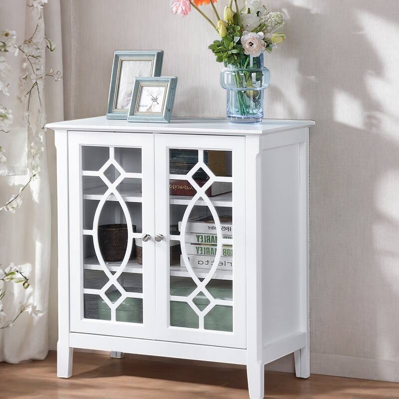 Sideboard Buffet Cabinet with Adjustable Shelves, Storage Cabinet, Double Glass Door Accent Cabinet for Kitchen, White - White