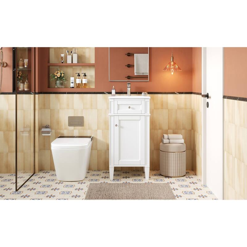 16" Bathroom Vanity with Ceramic Sink, Freestanding Single Vanity Set with Soft Closing Door, Adjustable Shelf, French Style