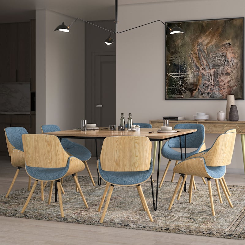 WYNDENHALL Malone Mid Century Modern Bentwood Dining Chair with Light Wood in Polyester linen - 22.8" D x 20.9" W x 30.9"H - Denim Blue