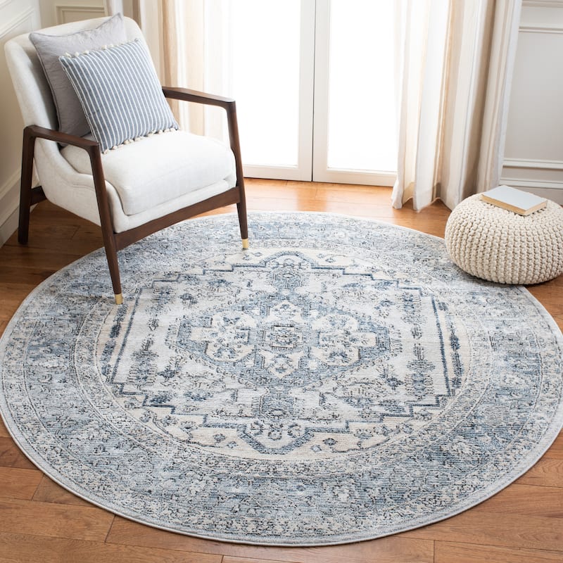 SAFAVIEH Oregon Hildur Traditional Oriental Rug - 6'7" Round - Light Blue/Ivory