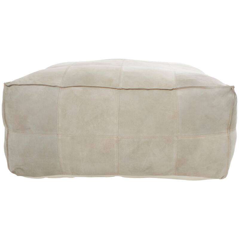 Gray Leather Low Profile Square Pouf with Patchwork Design