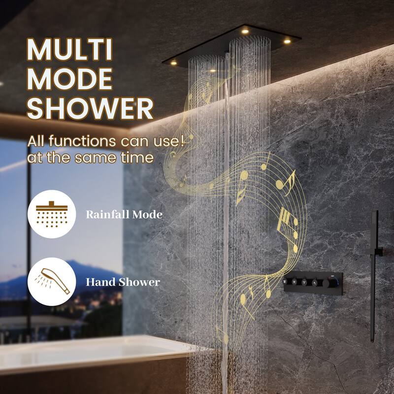 Thermostatic 4-Spray 28 in. x 15 in. Ceiling Mount Fixed and Handheld Dual Shower Head 2.5 GPM with LED Mood Light & Music