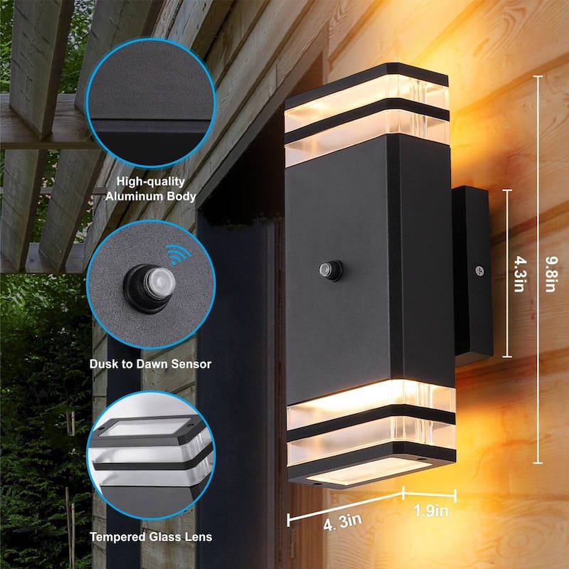 Dusk to Dawn Sensor Outdoor Wall Light, Square Modern Aluminum Waterproof 2 Pack