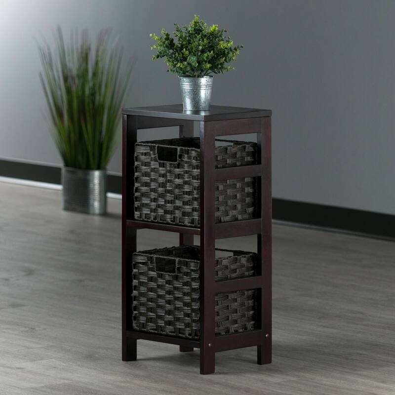 Leo 3-Pc Storage Shelf with 2 Foldable Woven Baskets, Espresso and Chocolate - 13.39 x 11.22 x 29.21 inches