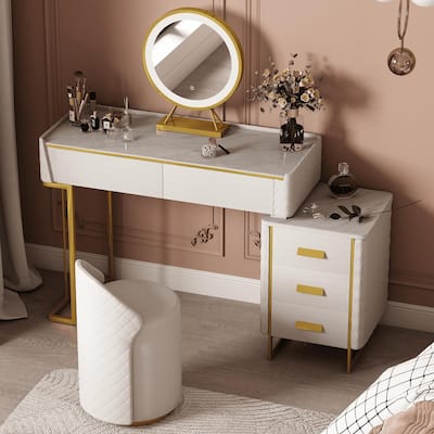Mixoy Makeup Vanity Desk With Mirror And Lights, Modern Make Up Vanity Table With Drawers, With Mirror And Chair Vanity Set