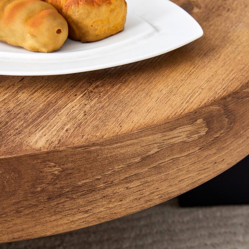 Modern Detachable Round Coffee Table - Double-Layer Brown Glass Top & Black L-Shaped Legs