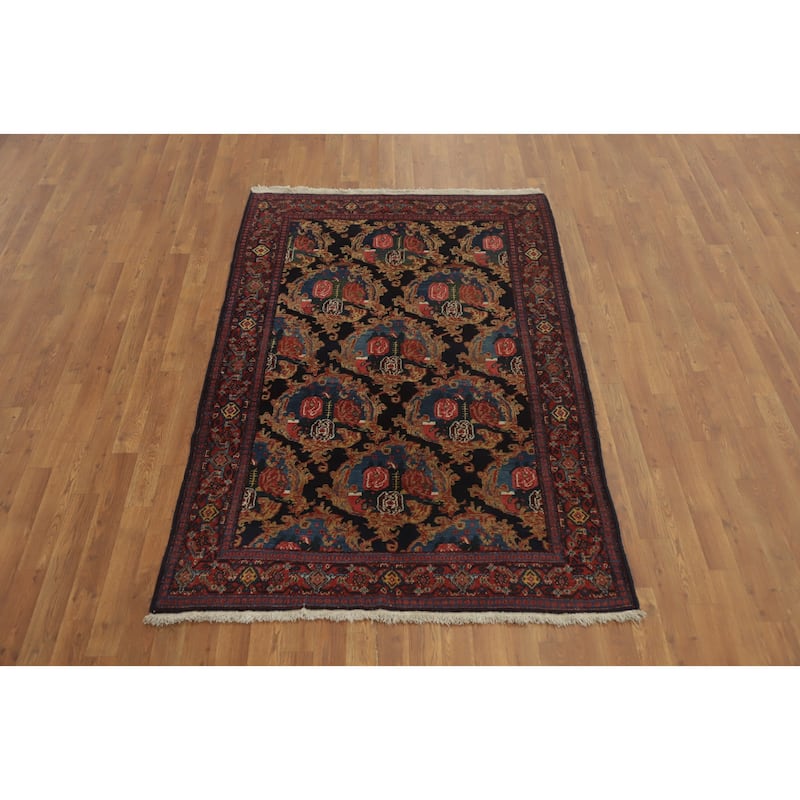 Hand Knotted Oriental 100% Wool Carpet Traditional Floral Navy Blue & Blues Senneh Area Rug - 6' 5'' X 4' 3''