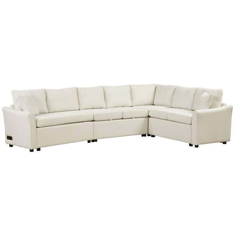L-shaped Sofa Convertible Sofa Bed Pull Out Sofa Sleeper with Two Back Pillows, Two USB Ports and Two Power Sockets