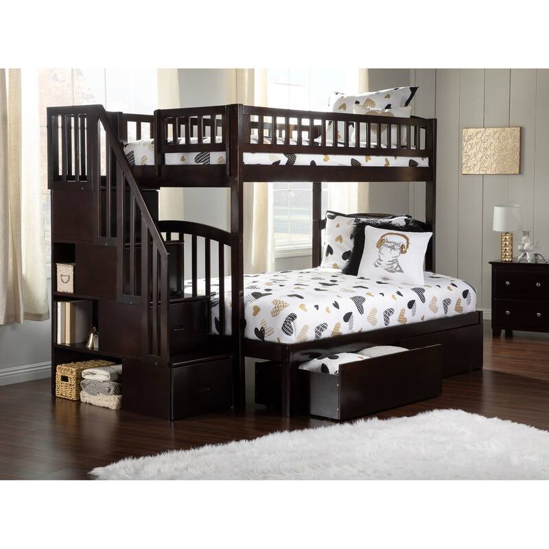 AFI Westbrook Twin over Full Size Staircase Bunk Bed with Bed Drawers & Charging Station in Espresso