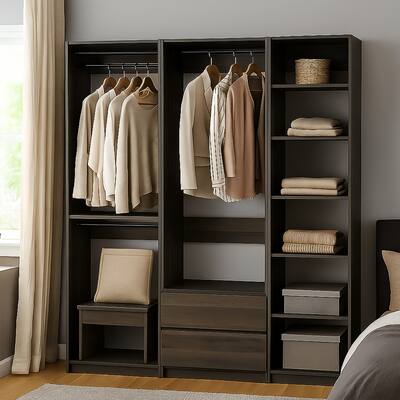 Dee Modular Closet System, 5 Floating Shelves, 2 Drawers, Black Wood