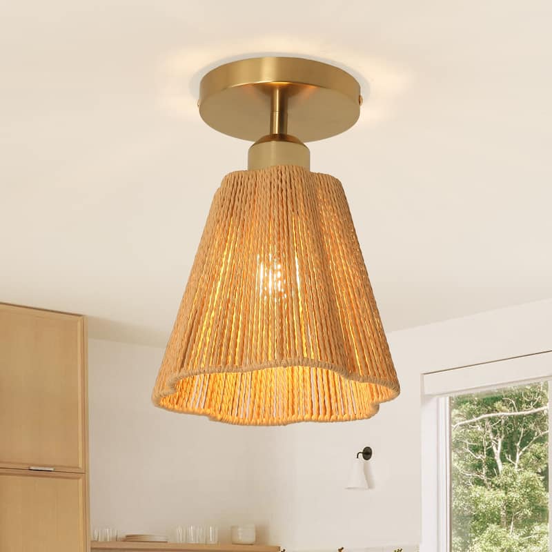 1-Light Brown Paper Rope Boho Semi-Flush Mount Ceiling Light