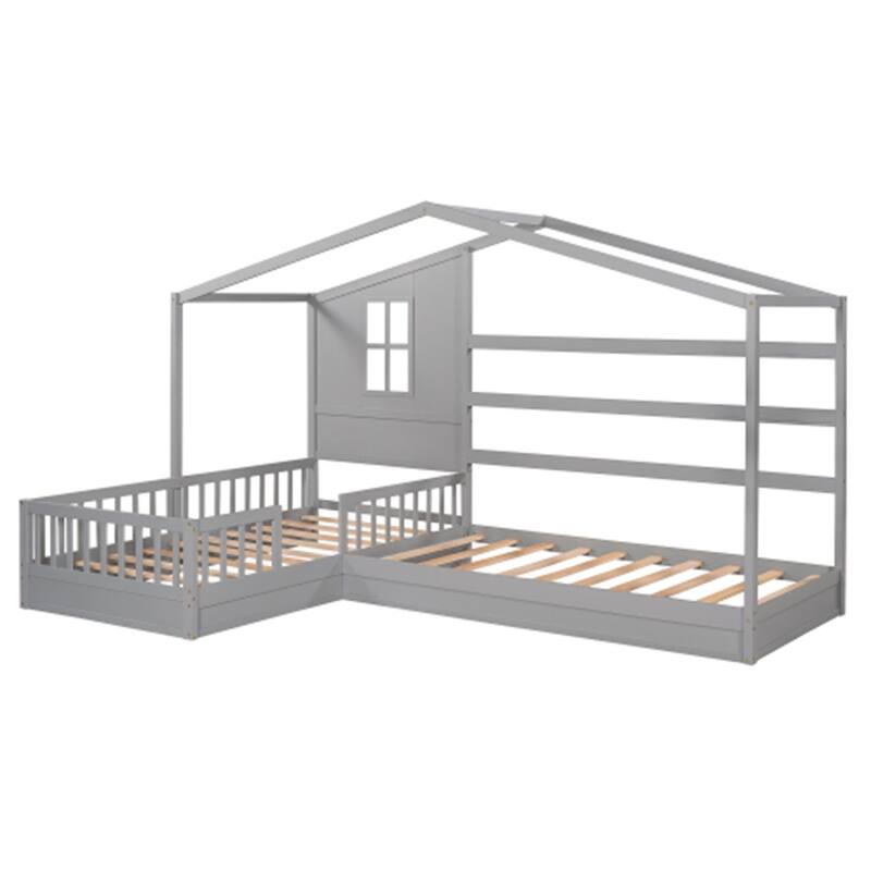 Wood House Bed Twin Size, 2 Twin Solid Bed L structure - Gray