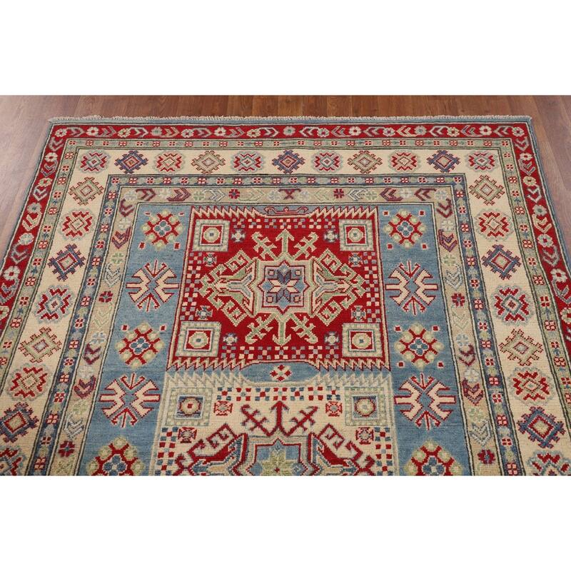 Blue Kazak Oriental Area Rug Handmade Floral Wool Carpet - 4'11" x 6'10"