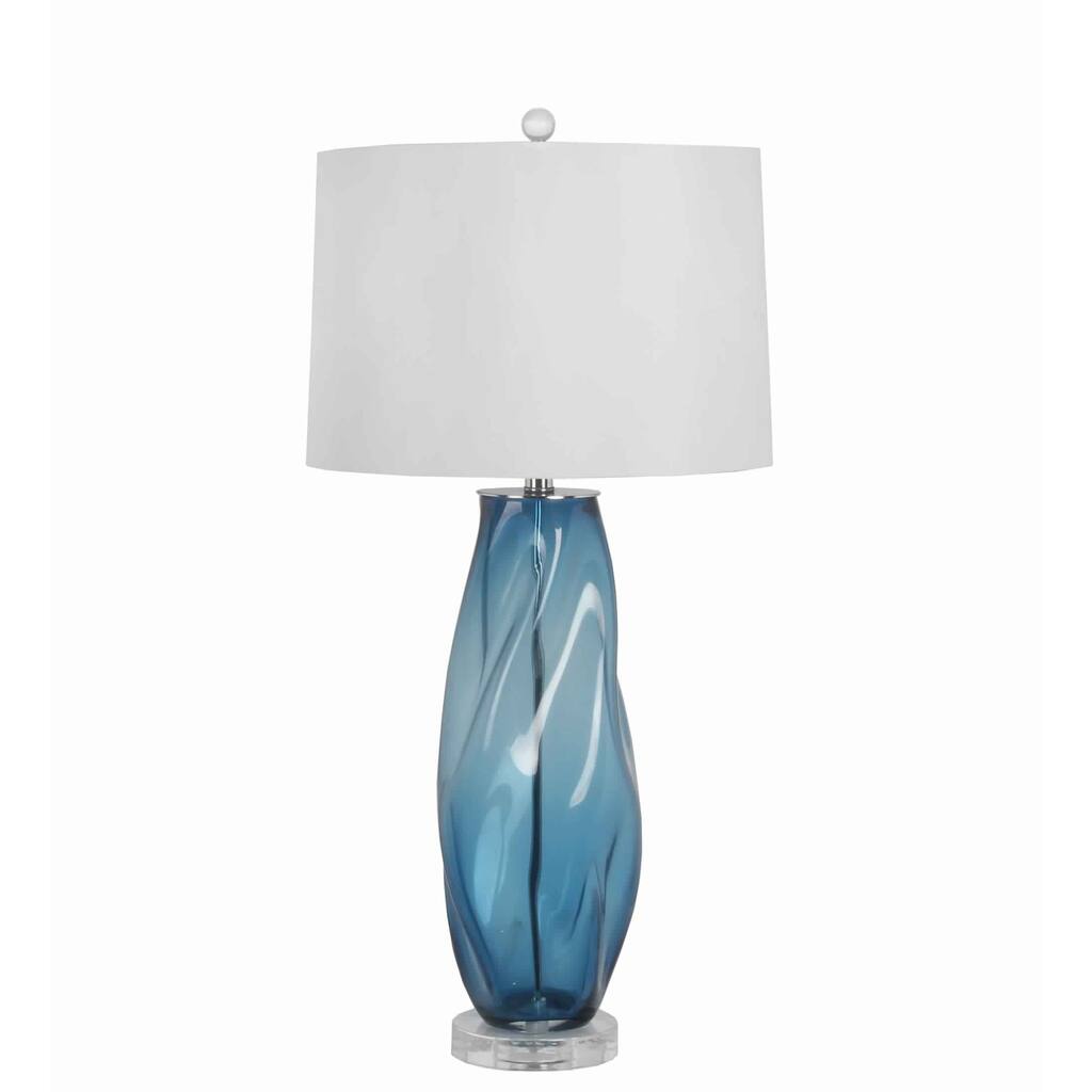 Contemporary Three Way Glass Body with Fabric Drum Shade, Blue and White