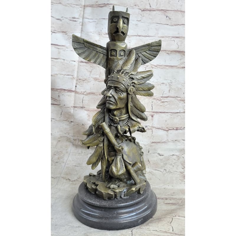 Sign Original Imitative Fisher Indian Warrior With Totem Pole Bird Bronze Statue Sculpture