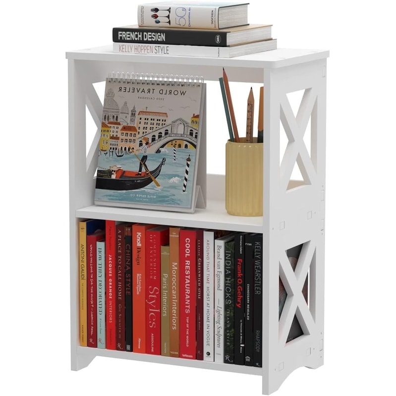 Narrow Side Table with Storage Shelf, Minimalist Nightstand, Small Bookshelf for Bedroom, Living Room, Office, White
