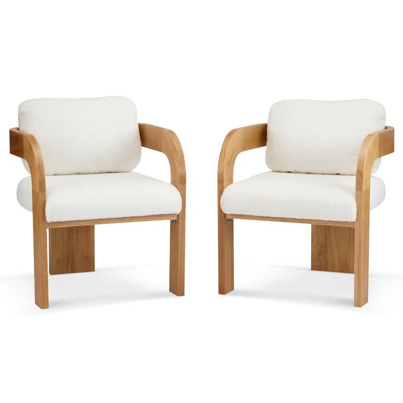 2-Pack Dining Chairs with Pillow Back, White Boucle Fabric, Natural Color Solid Wood Frame