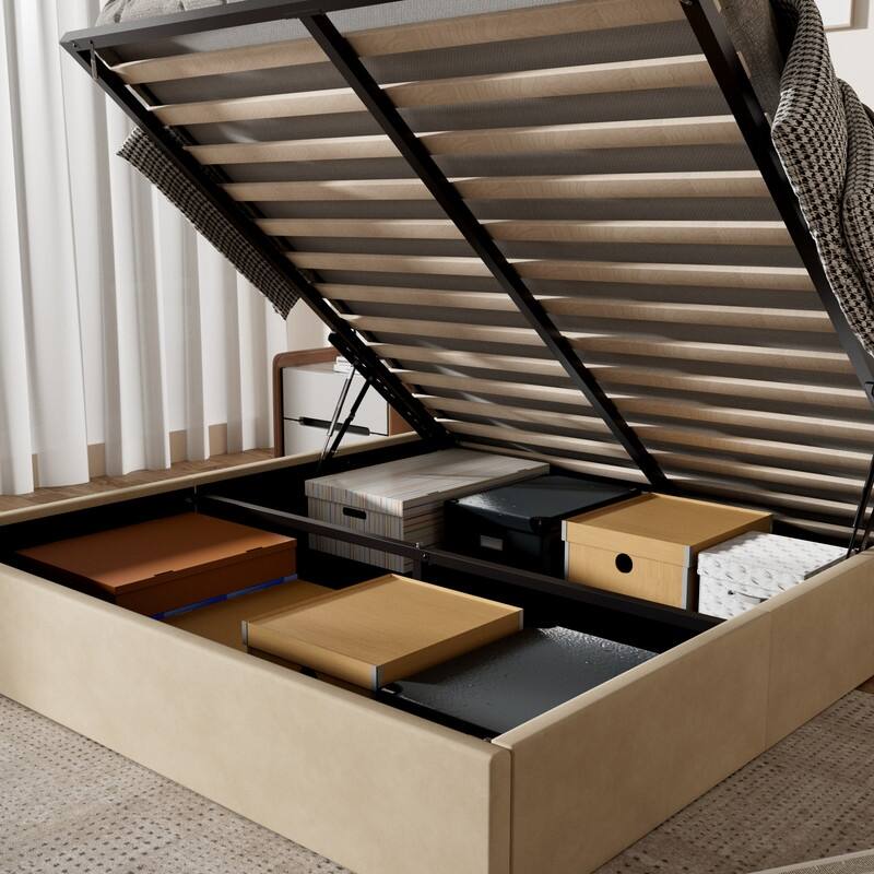 Modern Upholstered Lift-Up Storage Platform Bed with Headboard
