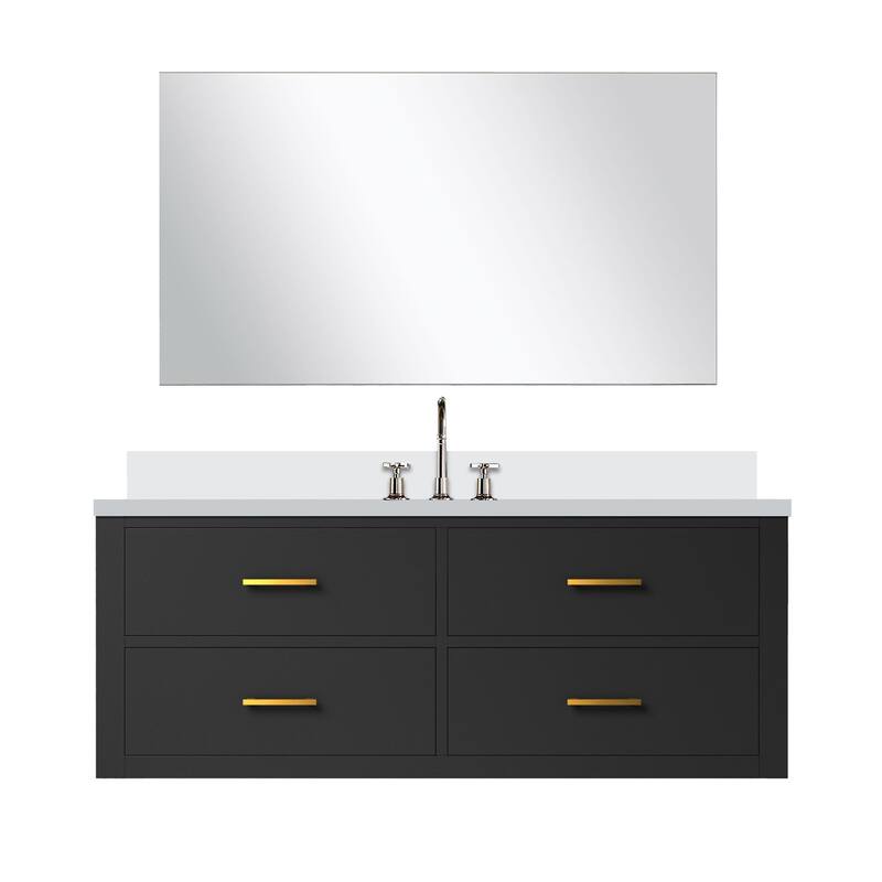 Castor Bath Vanity with Quartz Top, Sink, Mirror and Faucet - 48 inch - Black
