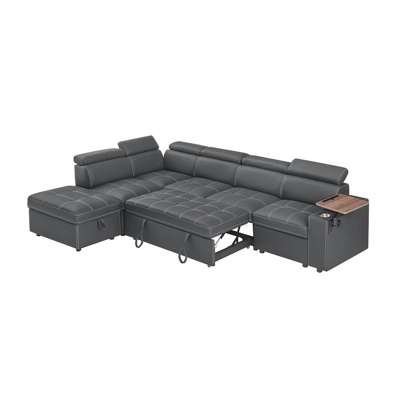 Modern Sectional Sofa Bed with USB Ports and Storage Ottoman and Swivel Table for Living Room and Guest Room
