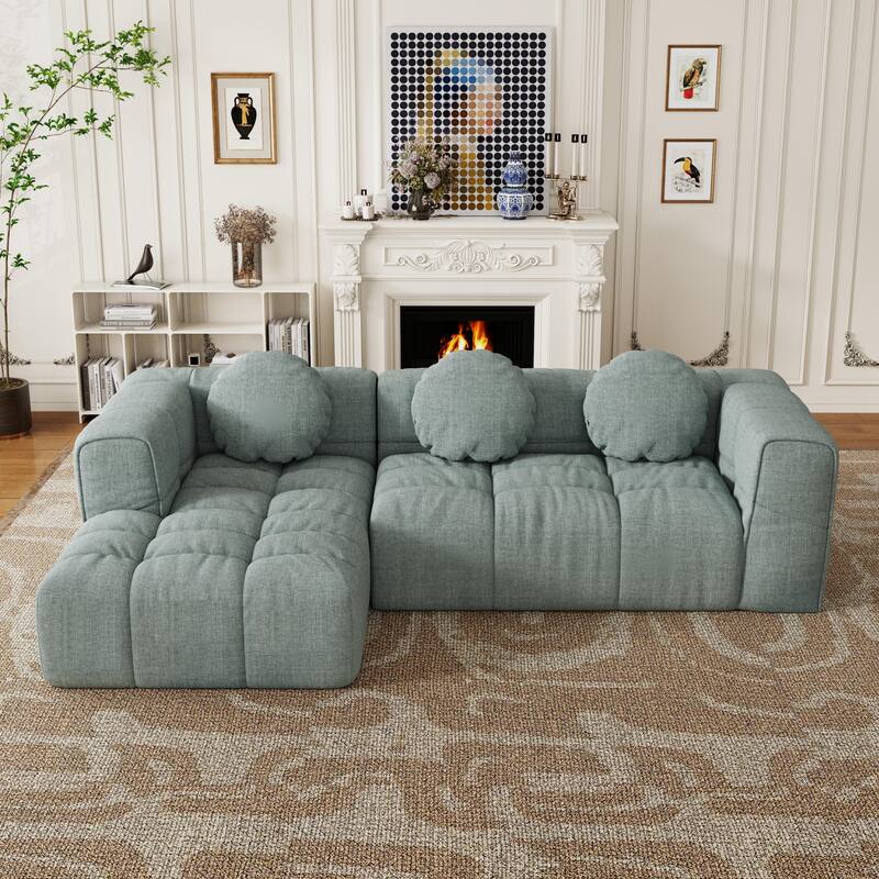 103" L-Shaped Chenille Sectional Sofa with Left Recliner & Pillows - Blue Gray