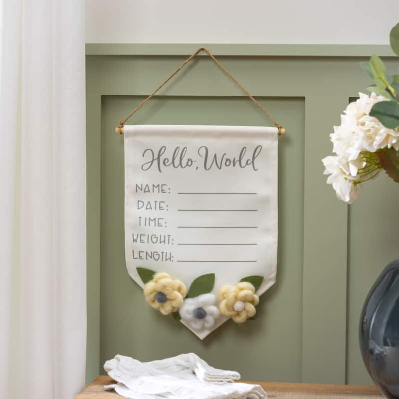 14" Baby Hello World Burlap Hanging Decor with Felt Flowers