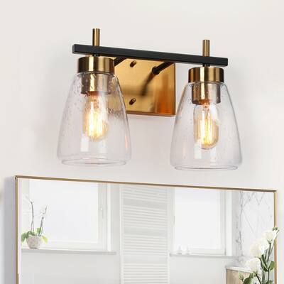 Modern 2-Light Black Gold Bathroom Vanity Lights Wall Sconces with Seeded Glass - 13" L x 6.5" W x 9.5" H