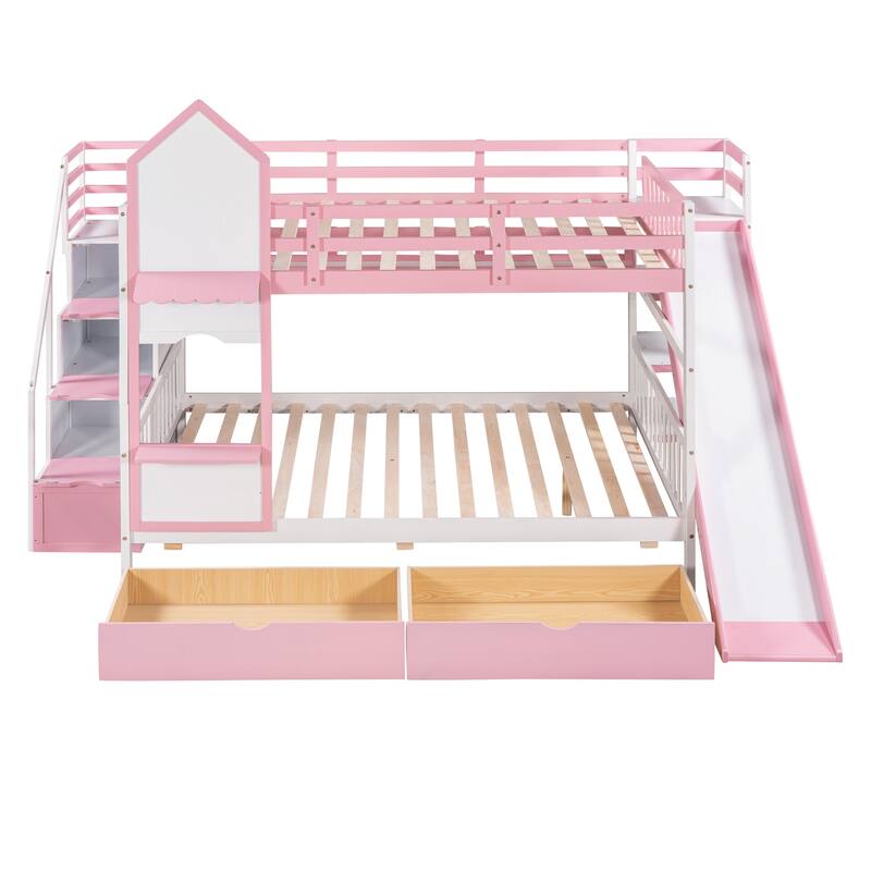 Castle Style Bunk Bed with 2 Drawers 3 Shelves and Slide