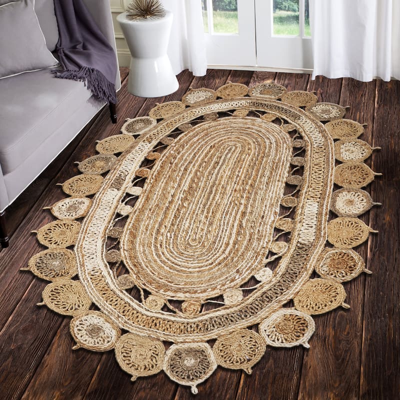 Sevita Braided Organic Jute Geometric Border Area Rug - 7' x 9' Oval