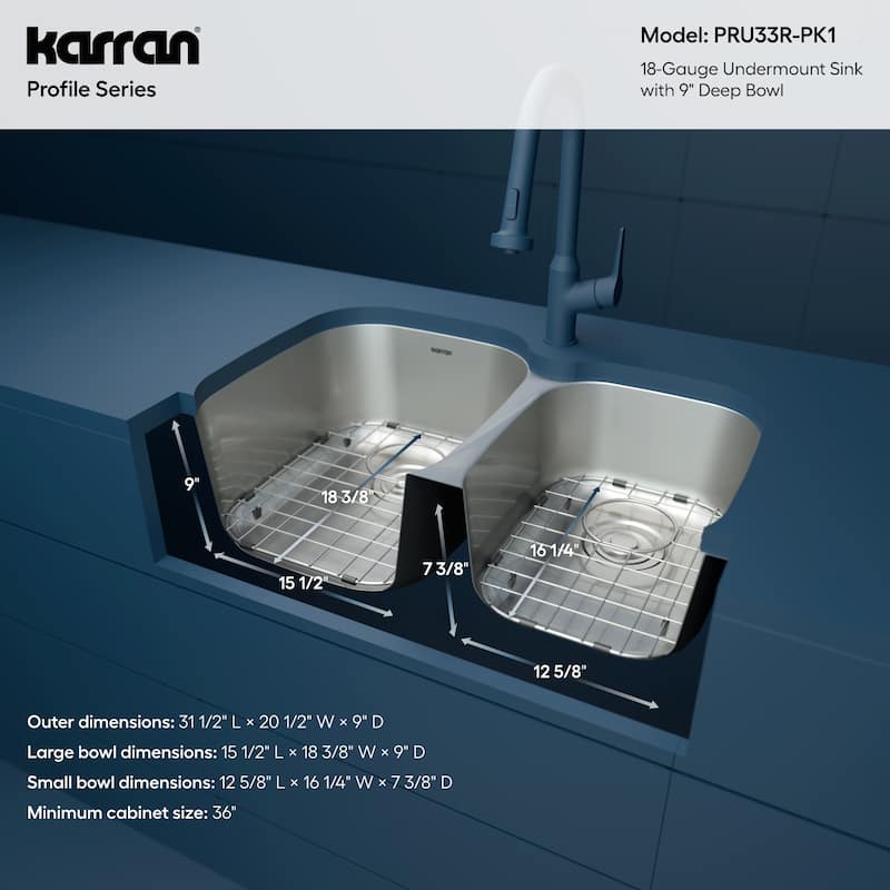 Karran Profile 31" Undermount 18 Gauge Double Offset Bowl Stainless Steel Kitchen Sink with Accessories