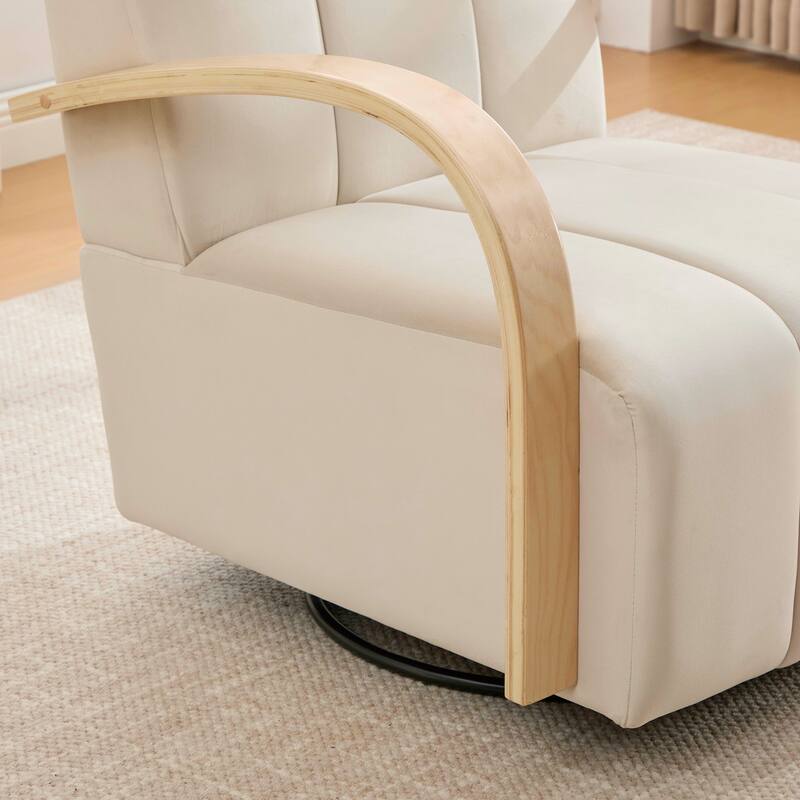 30.7"W Upholstered 360°Swivel Accent Chair with Solid Wood Armrests and Comfy Channel Tufted Lounge Reading Chair