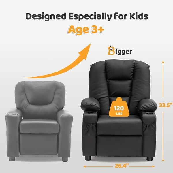 dimension image slide 0 of 4, MCombo Big Kids Recliner Chair for Toddler Boys and Girls Faux Leather - 28.3"(L)x26.4"(W)x34.2"(H)